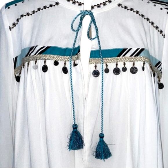 NWOT Chico's Open Front Top Jacket Tassel Tie Coin White Teal Sz 0 Small - Picture 2 of 7